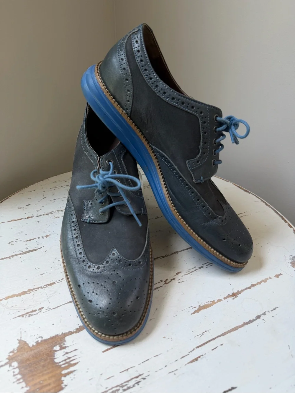 Men's blue grey Wingtip Brogues with Blue Sole and Laces